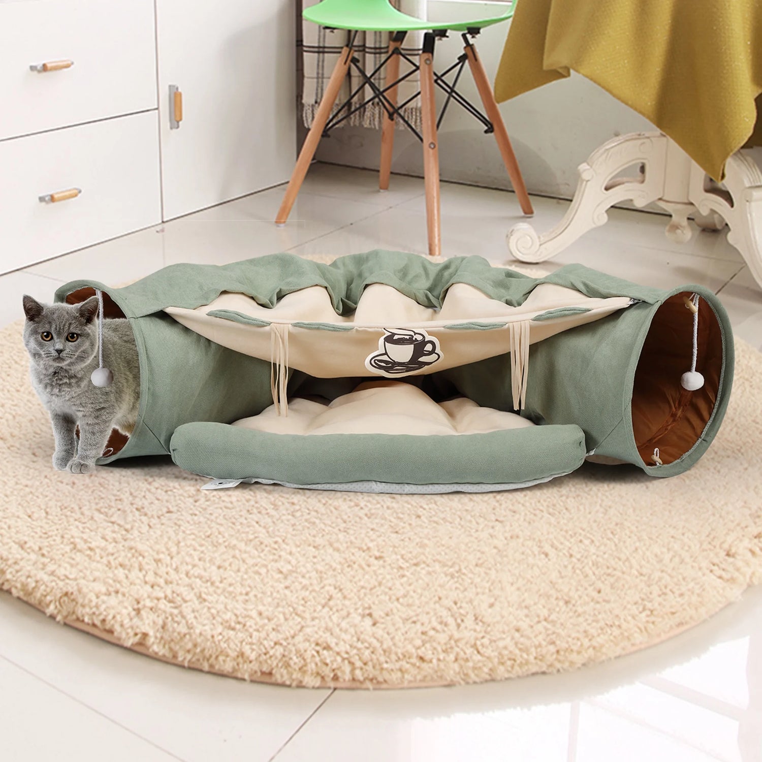 2-In-1 Cat Tunnel Tube Cat Tunnel Bed W/ Washable Bed Collapsible Kitty Toy, Green